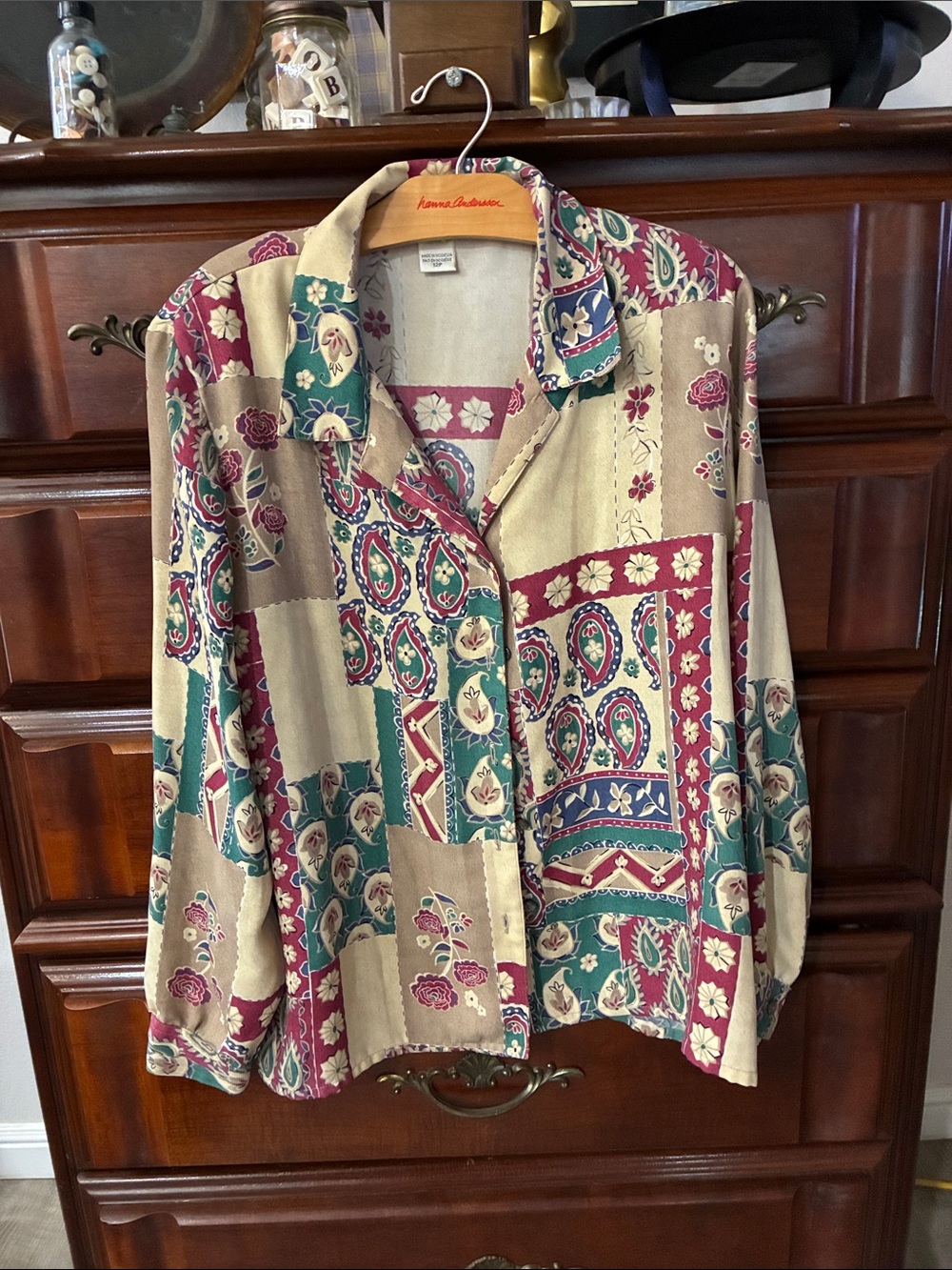 Vintage Boho Patchwork Print Button-Up Blouse in Beige, Burgundy & Teal